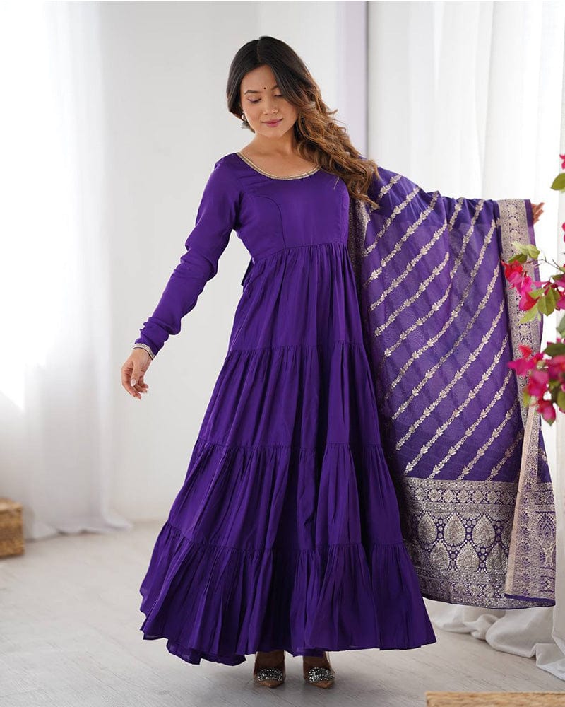 Purple Color Pure Roman Silk Ruffle Style Anarkali Suit