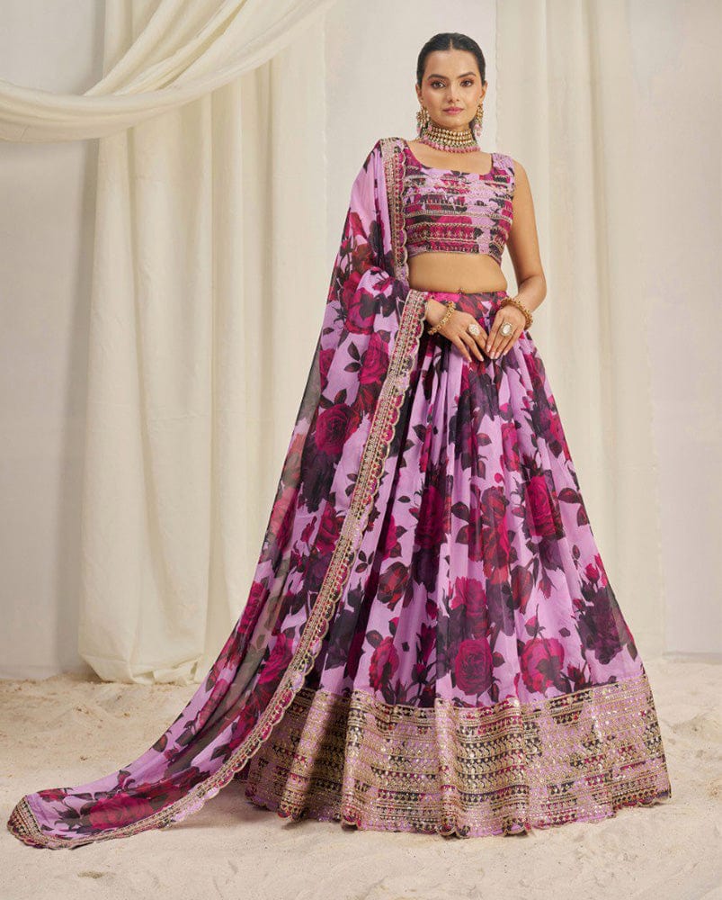 Purple And Pink Color Floral Printed Organza Lehenga Choli