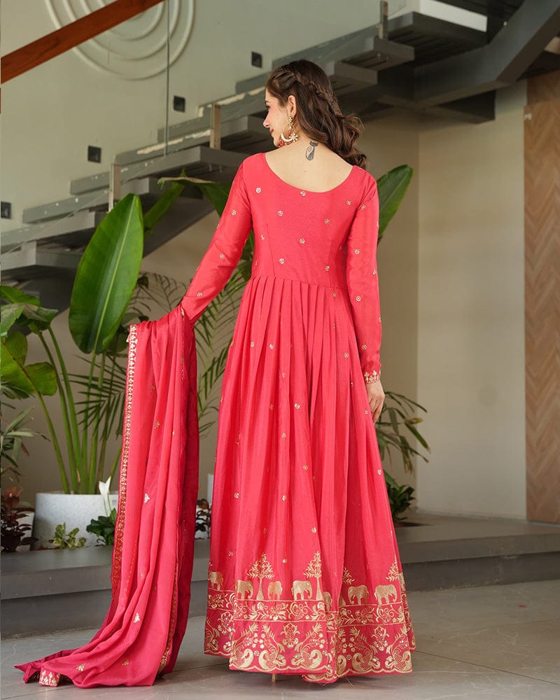 Peach Color Chinon Silk  Sequins Embroidered Gown