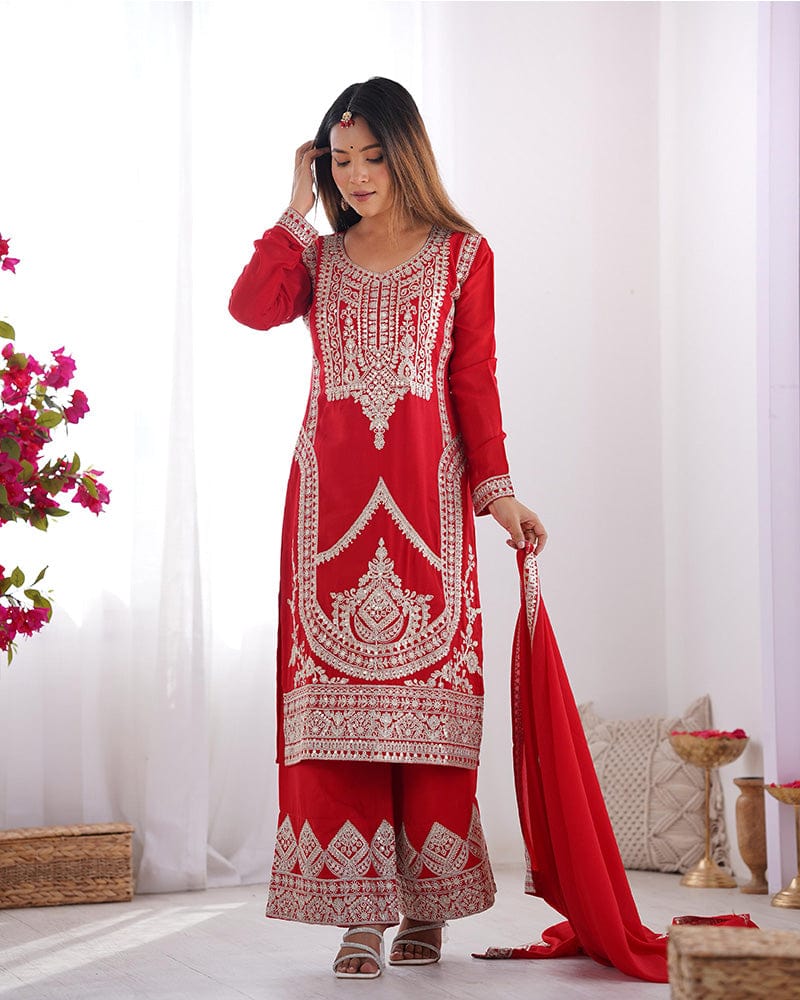 Red Color Vichitra Silk Three Piece Kurti Suit