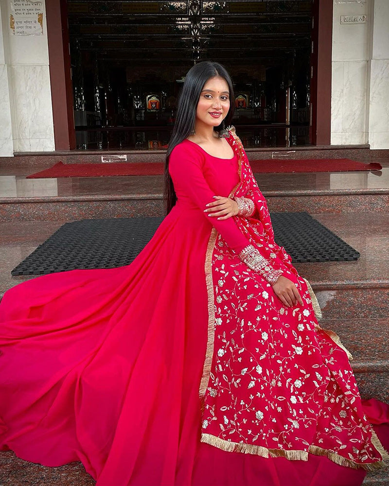 Payel Saha Rani Pink Color Soft Georgette With Heavy Embroidery Work Dupatta Anarkali Suit