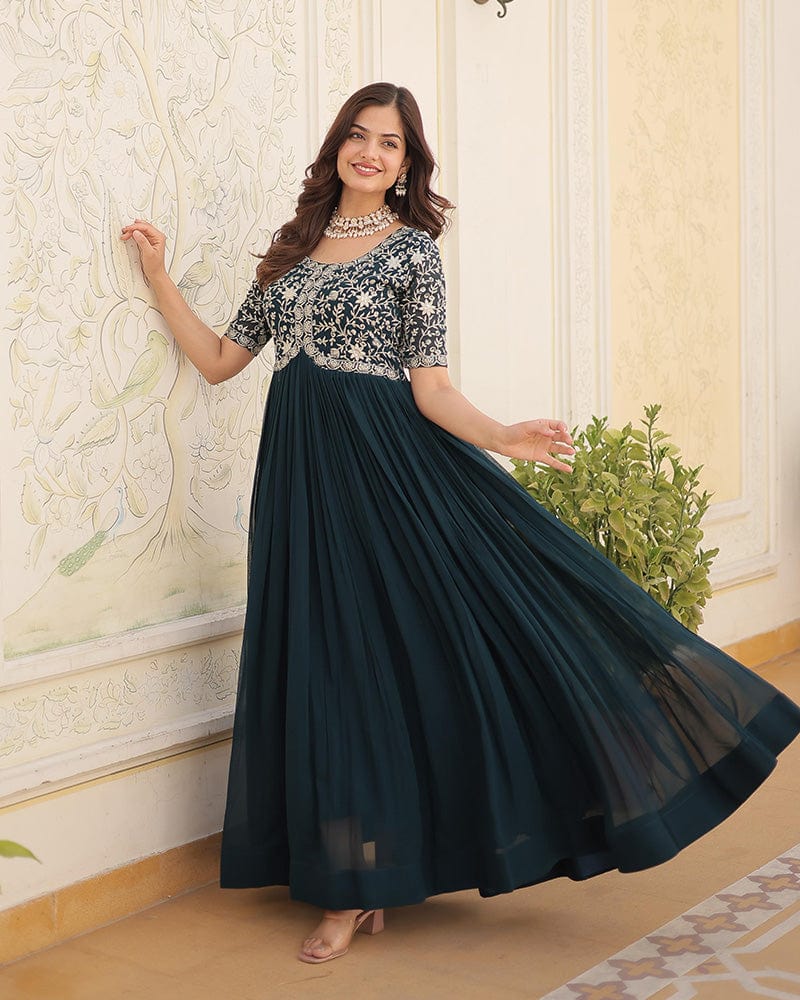 Rama Color Faux Blooming Zari sequence Embroidered Gown