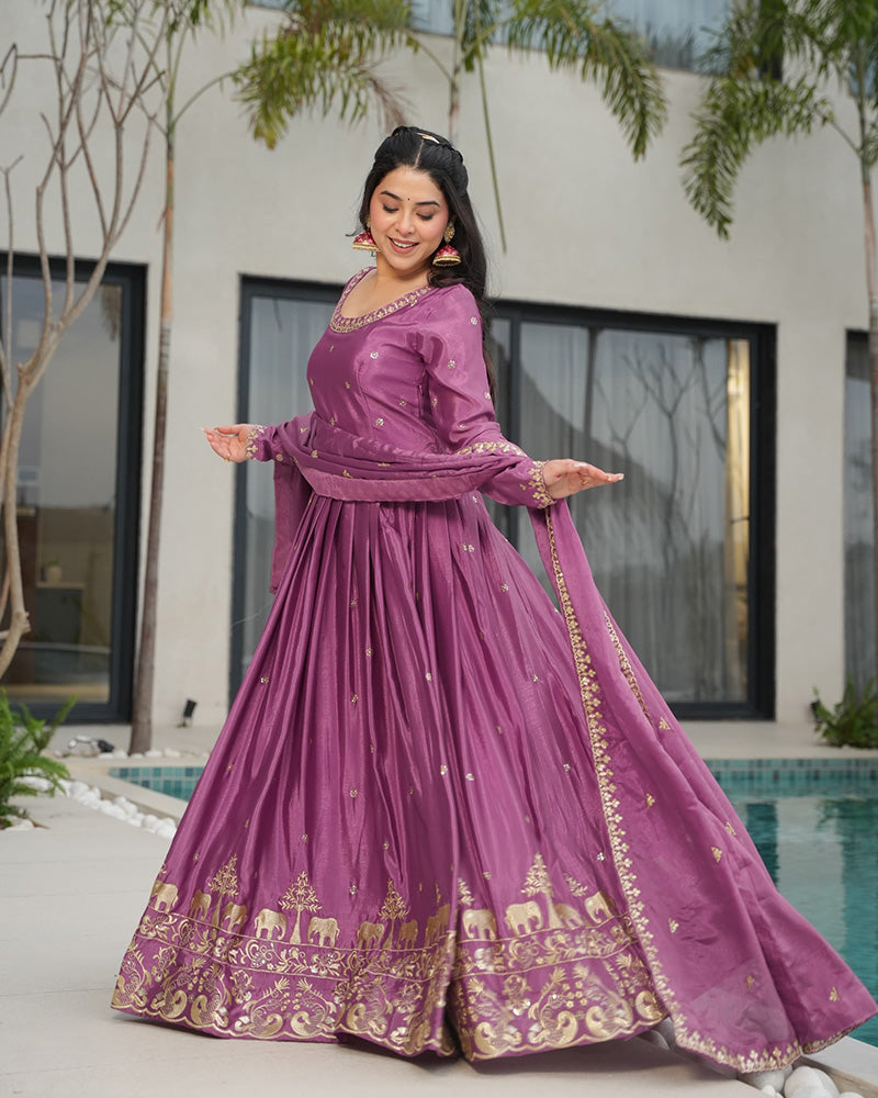 Onion Color Chinon Silk  Sequins Embroidered Gown