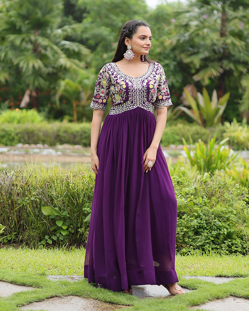 Purple Color Faux Blooming Embroidered Gown