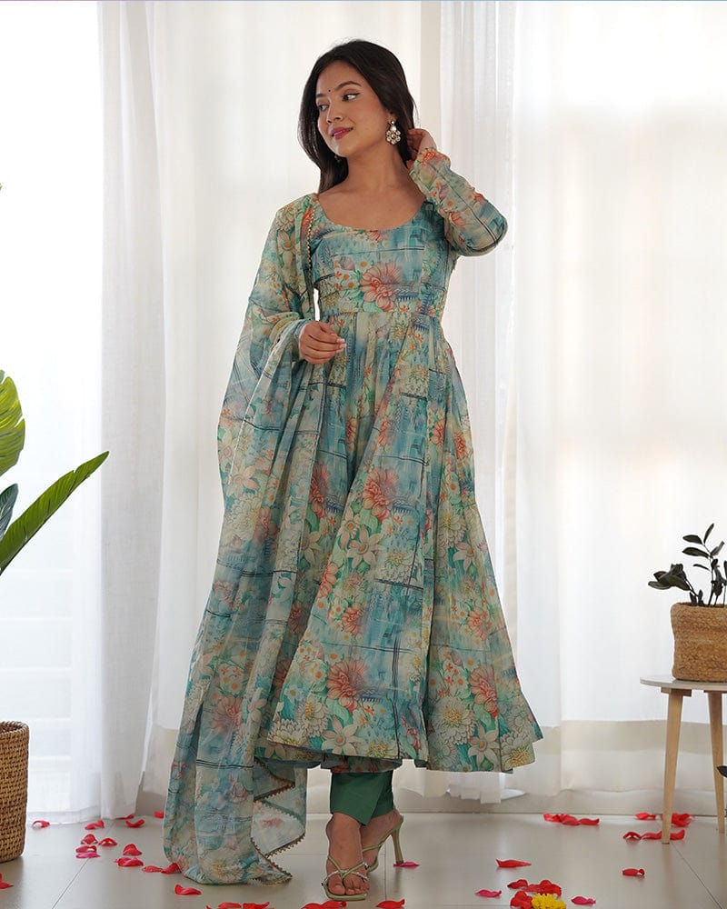 Bottle Green Color Floral Print Organza Three Piece Anarkali Suit
