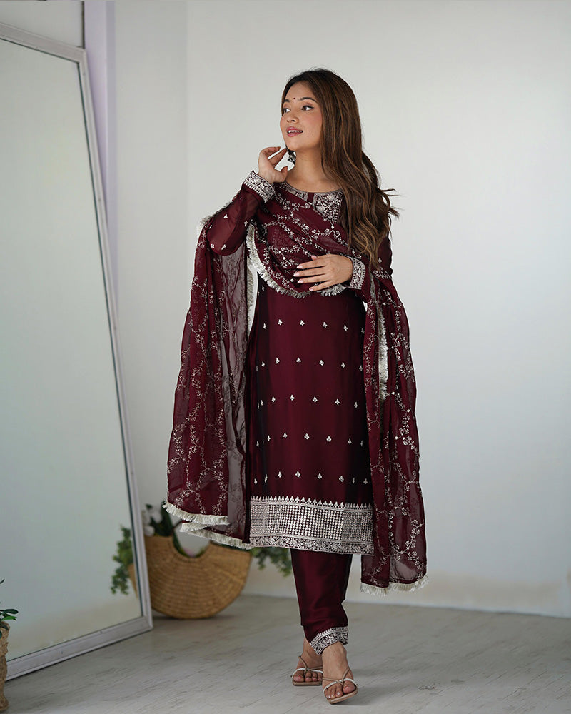 Maroon Color Rangoli Silk Three Piece Kurti Suit