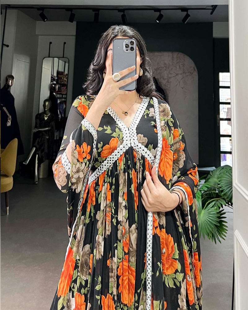 Black And Orange Color Floral Printed Georgette Gown