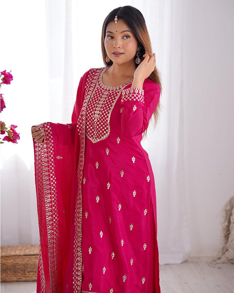 Rani Pink Color Chinon Silk Three Piece Kurti Suit