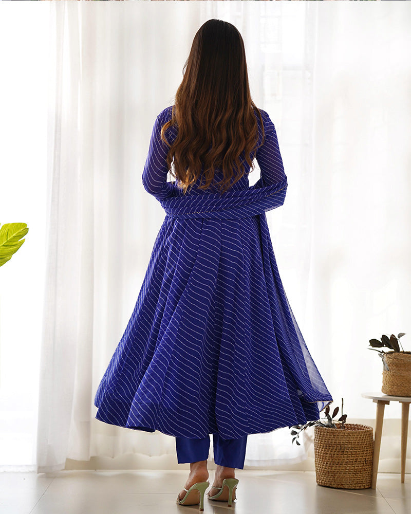 Royal Blue Color Laheriya Print Georgette Three Piece Anarkali Suit