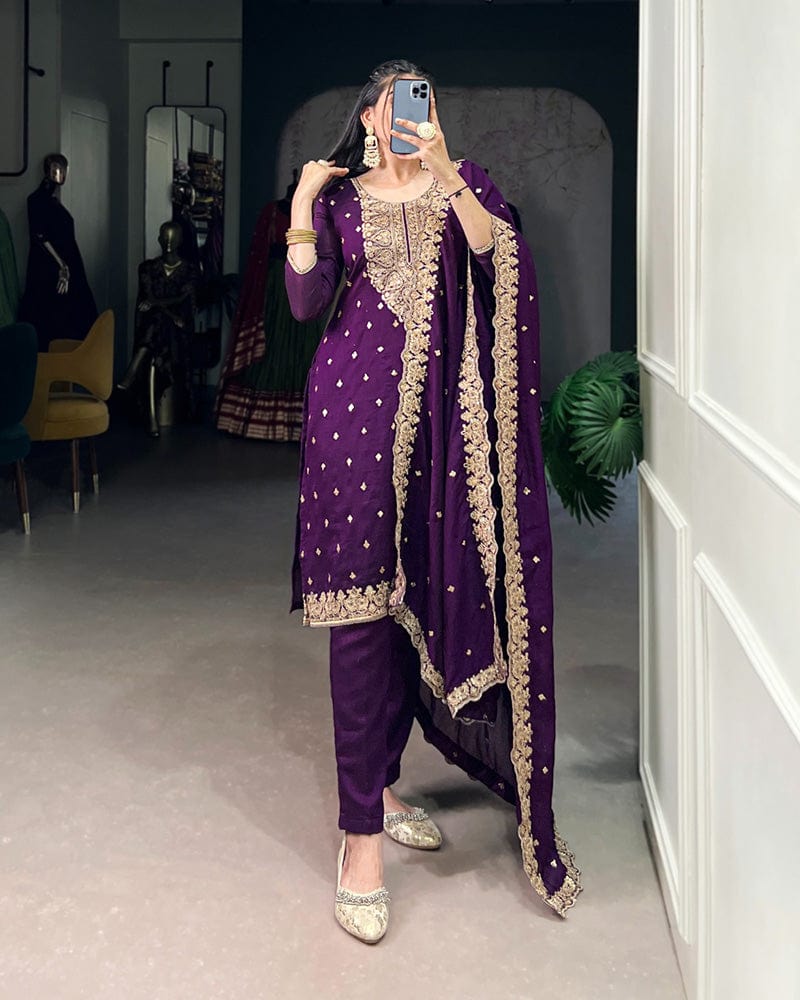 Purple Color Vichitra Silk Embroidered Three Piece Kurti Suit