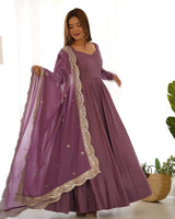 Onion Color Pure Chanderi Silk Three Piece Anarkali Suit