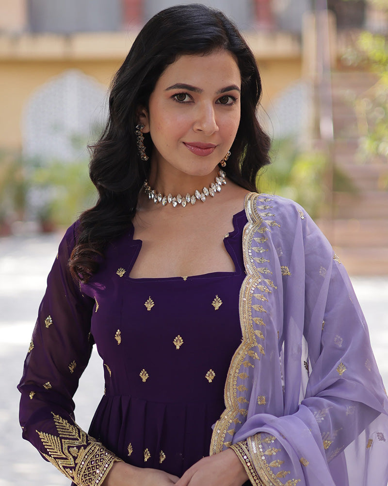 Dark Purple Color Floor Length Gown With Embroidered Dupatta