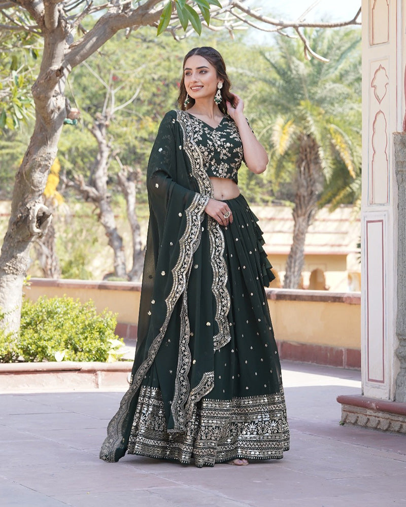 Wedding Wear Dark Green Color Designer Blooming Semi stitched Lehenga Choli