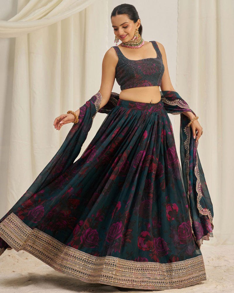 Rama And Pink Color Floral Print Soft Organza Lehenga Choli
