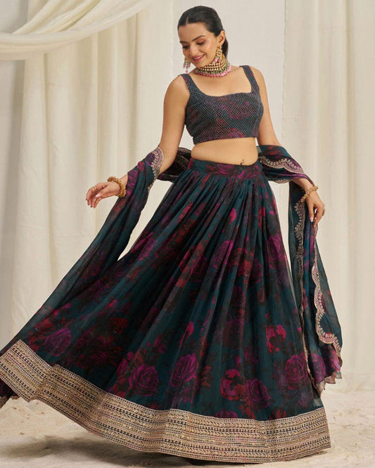 Rama And Pink Color Floral Print Soft Organza Lehenga Choli