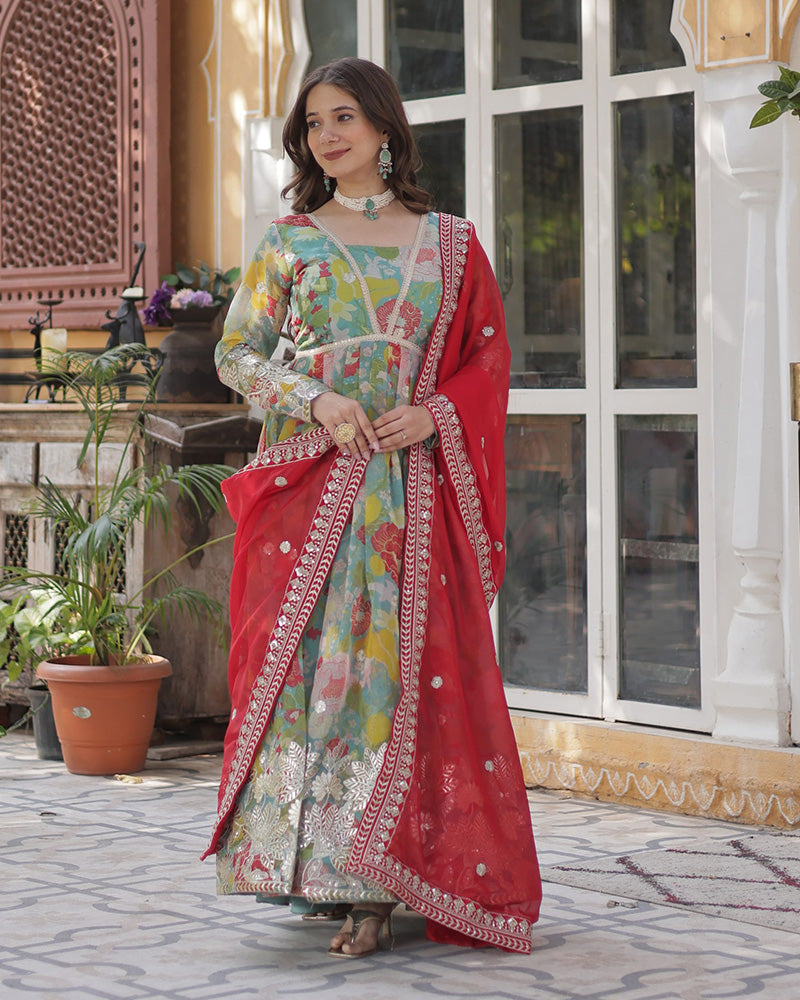 Lime Green Color Alia Cut Embroidered Gown With Dupatta