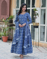 Blue Color Printed Pure Cotton Three Piece Kurti Suit