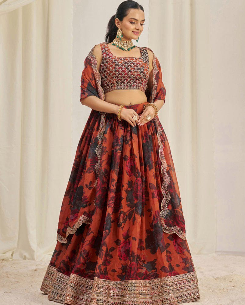 Orange And Black Color Floral Printed Organza Lehenga Choli