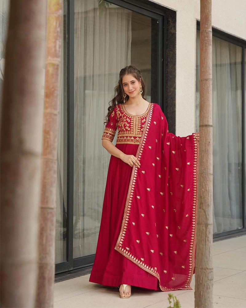 Rani Pink Color Vichitra Silk Embroidered Gown