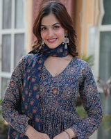 Premium Blue Color Pure Cotton Kurti With Pant And Dupatta Set