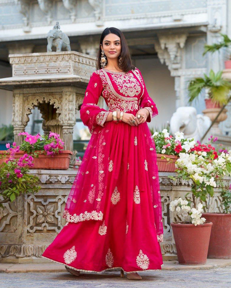 Pink Color Vichitra Silk Embroidered Gown