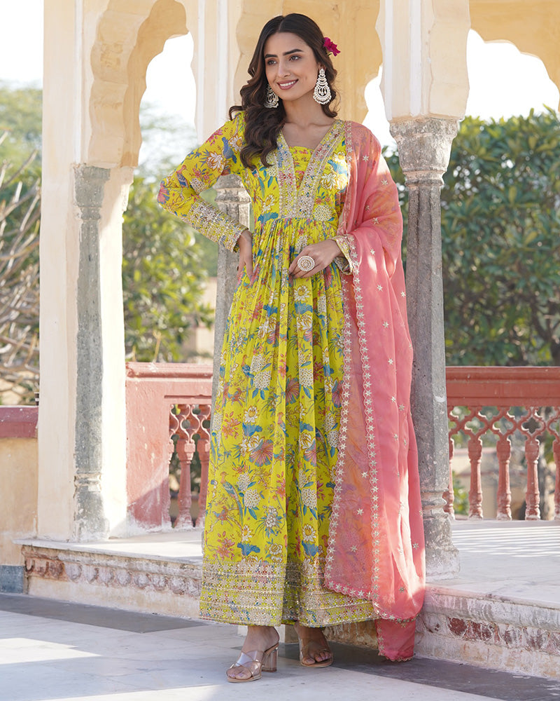 Wedding Wear Zari Embroidered Yellow Color Gown With Dupatta