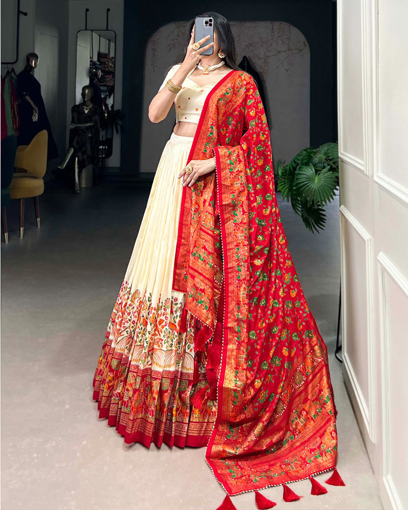 Off White Color Tussar Silk Printed With Foil Work Lehenga Choli