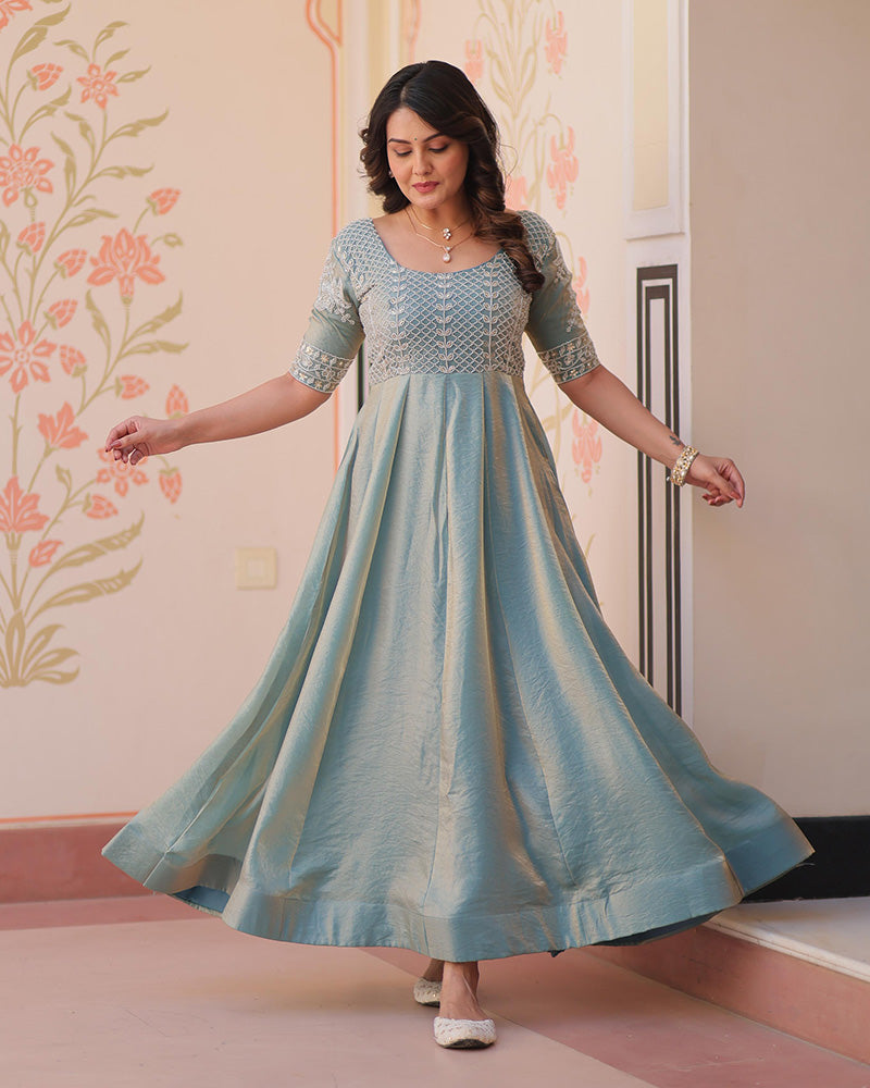 Sky Blue Color Fendi Embroidered work Gown