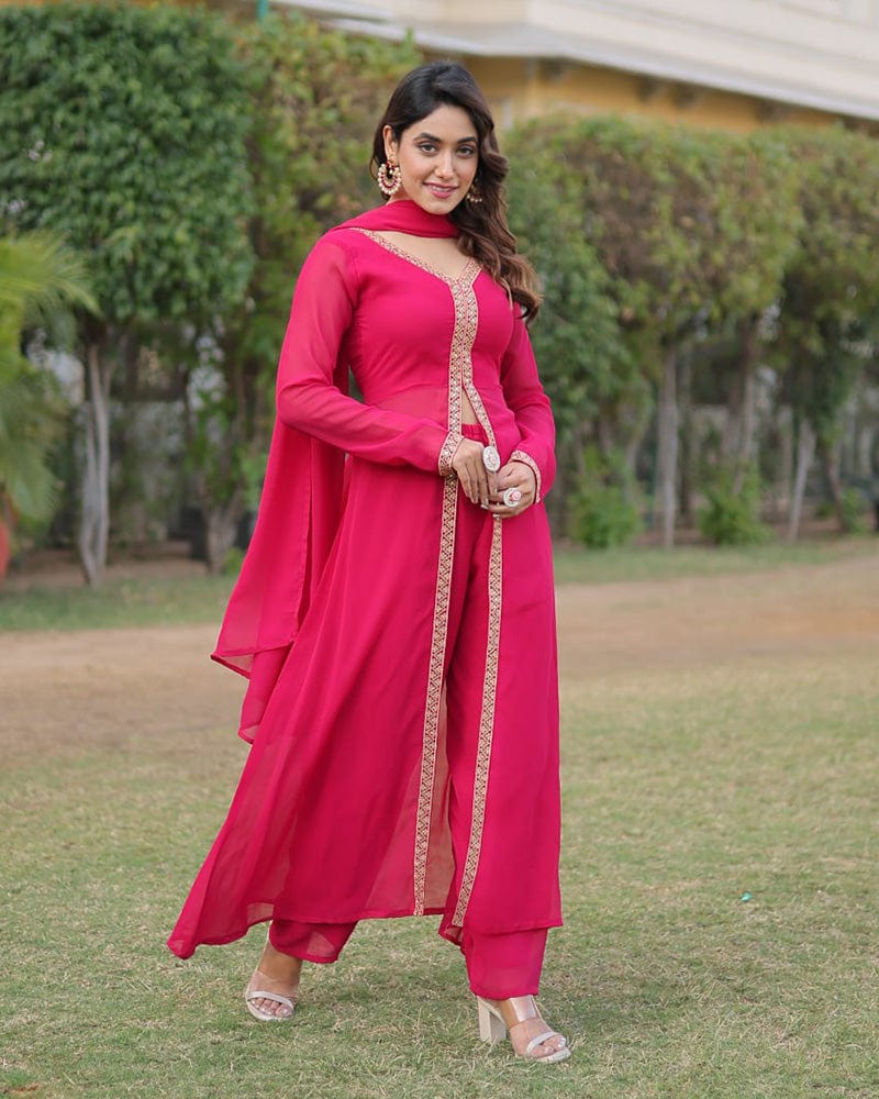 Western Designer Rani Pink Color Georgette Three Piece Kurti Suit
