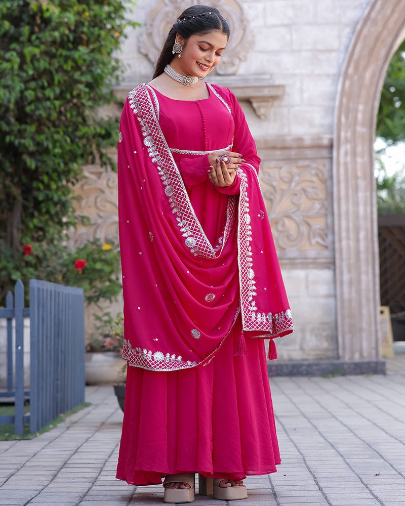 Rani Pink Embroidered Dupatta Anarkali Three Piece Suit