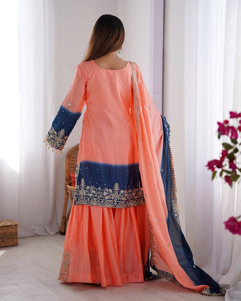 Peach Color Chinnon Sequence Work Plazzo Suit