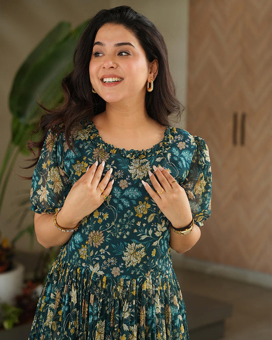 Green Color Georgette Floral Printed Tunic