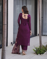 Wine Color Roman Silk Embroidered Three Piece Kurti Suit