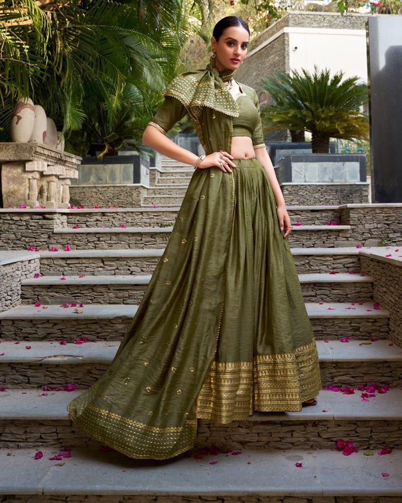 Mehndi Color Pure Chanderi Plain Navratri Lehenga Choli