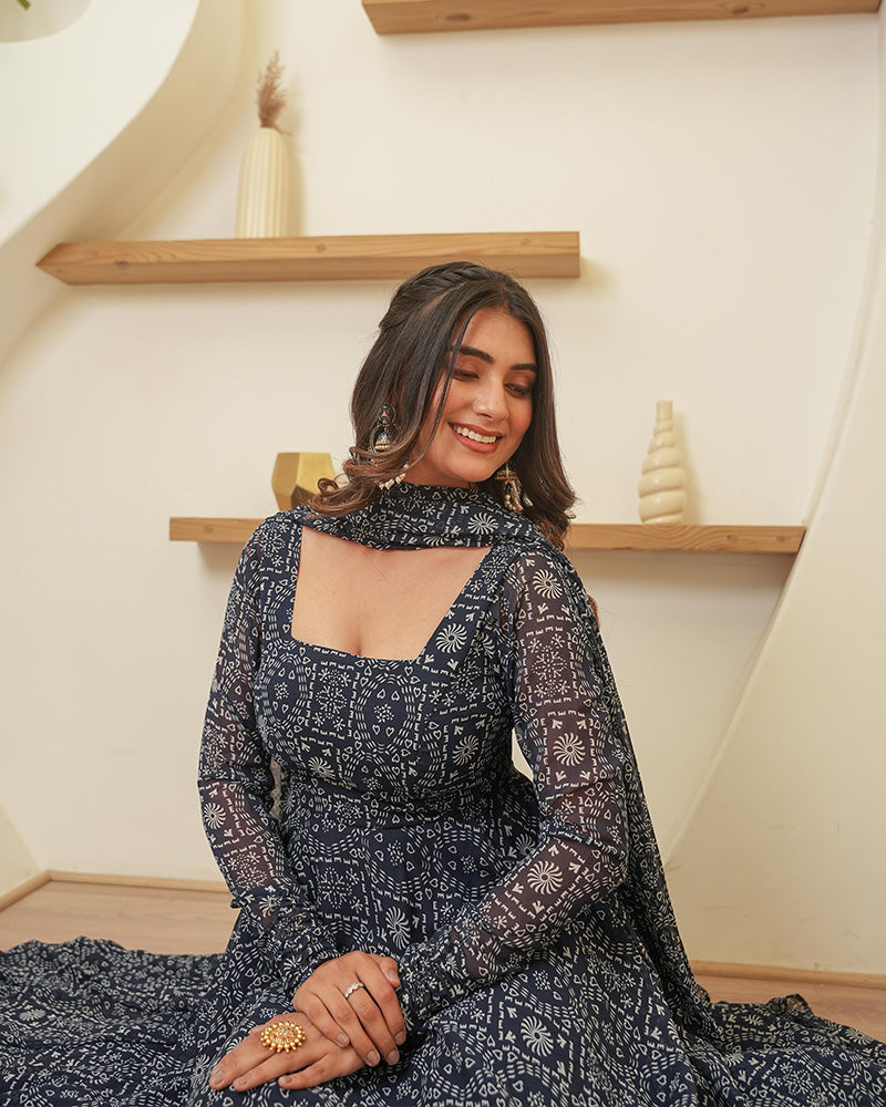 Navy Blue Color Georgette Three Piece Anarkali Suit