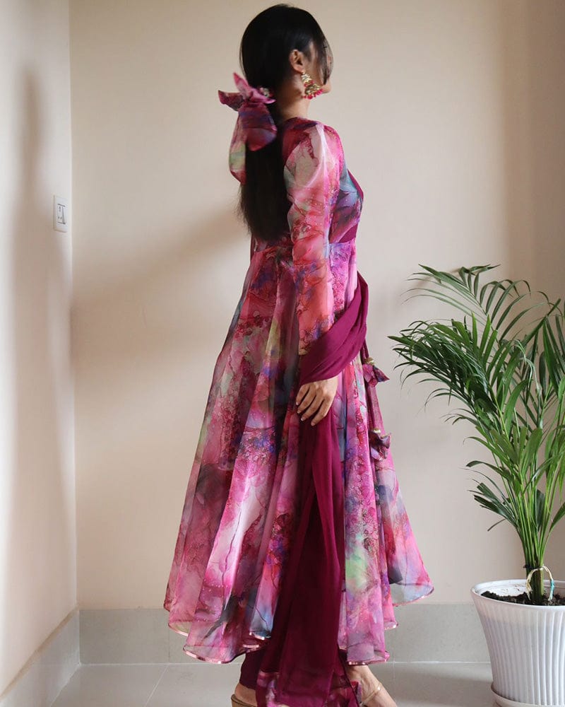 Rose Pink Color Digital Print Organza Three Piece Anarkali Suit