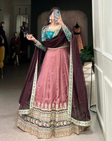 Peach Color Moonga Silk Embroidered Lehenga Choli