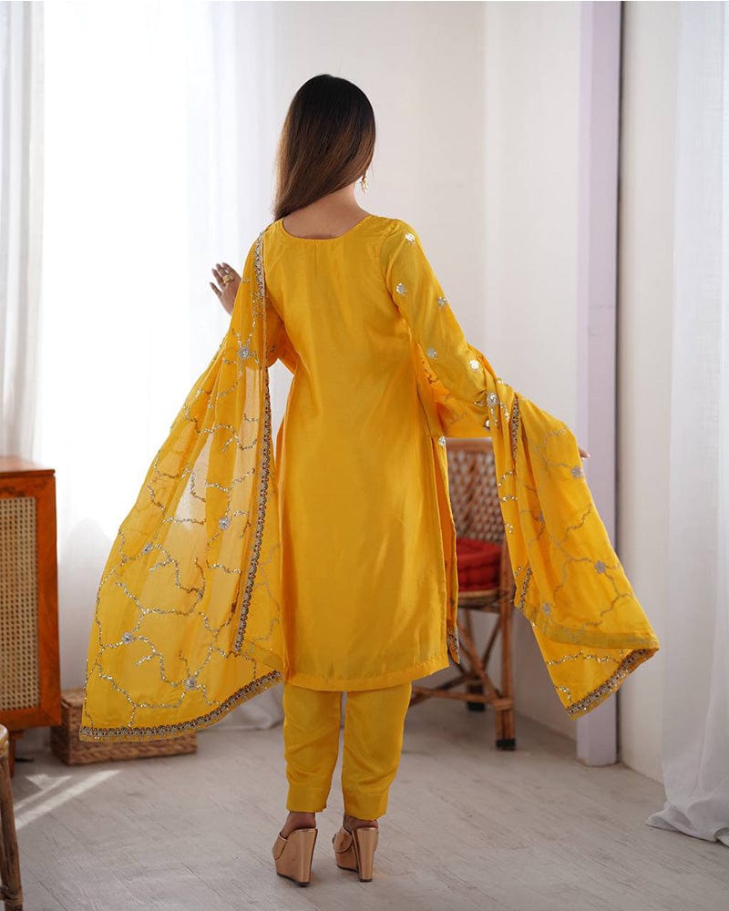 Yellow Color Chinon Silk Embroidered Three Piece Kurti Suit
