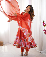 Rust Color Floral Print Organza Three Piece Anarkali Suit