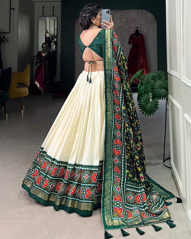 Green Color Tussar Silk Patola Printed Lehenga Choli