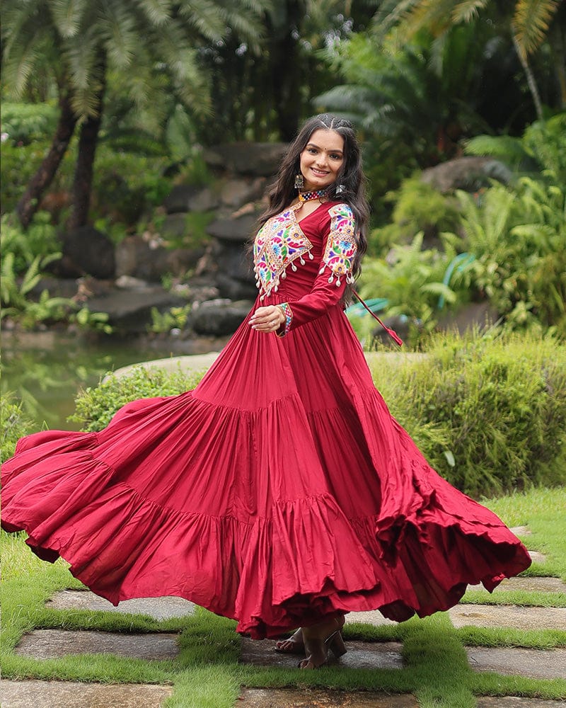 Maroon Color Reyon Gamthi Style Navratri Gown