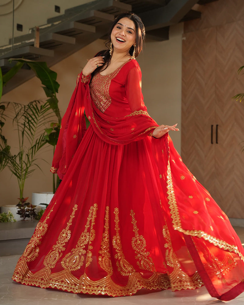 Red Color Faux Blooming Embroidered Gown