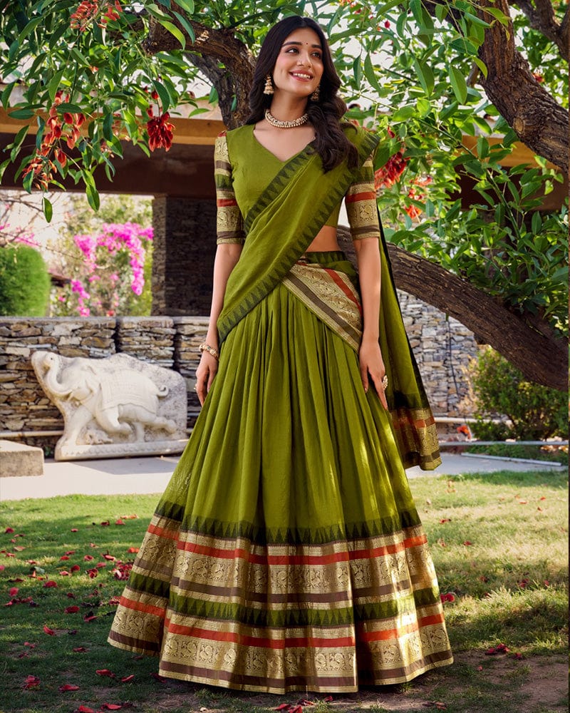 Mehndi Color Pure Chanderi Plain Lehenga Choli