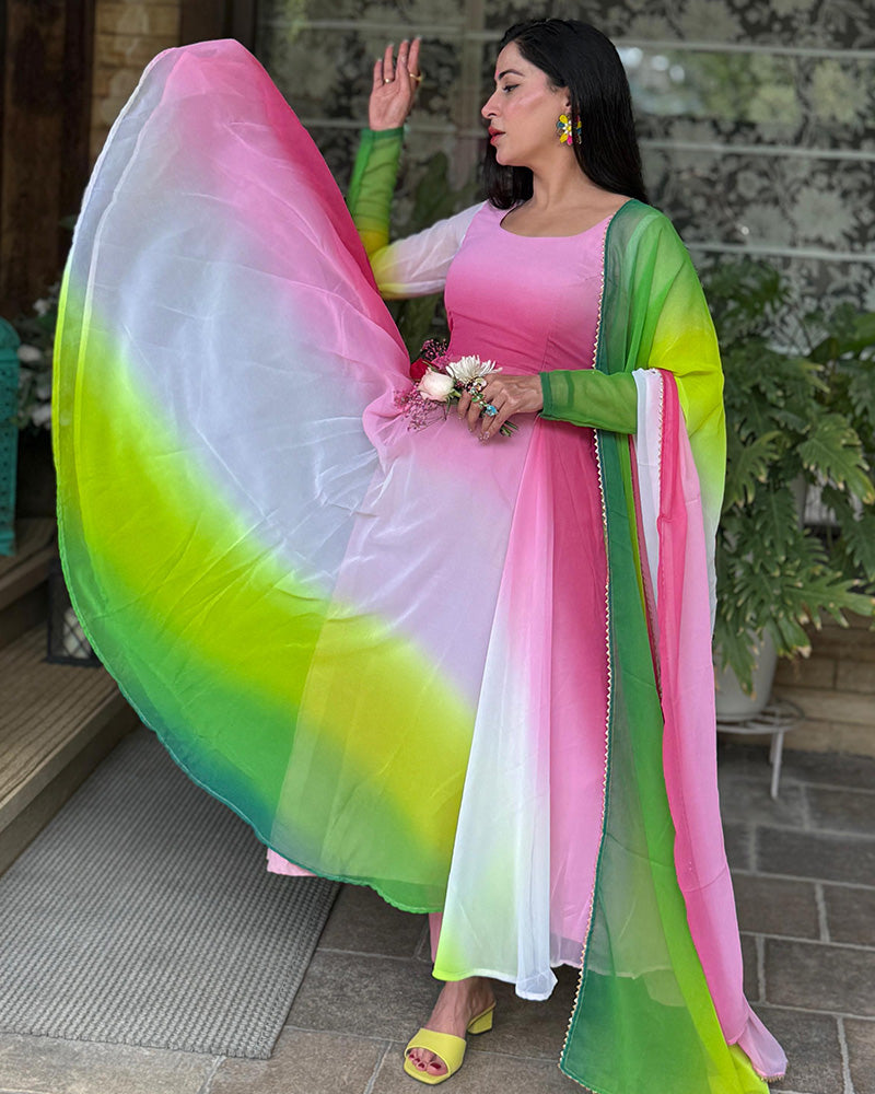 Isha sharma In Our Multi Pink Color Georgette Three Piece Anarkali Suit