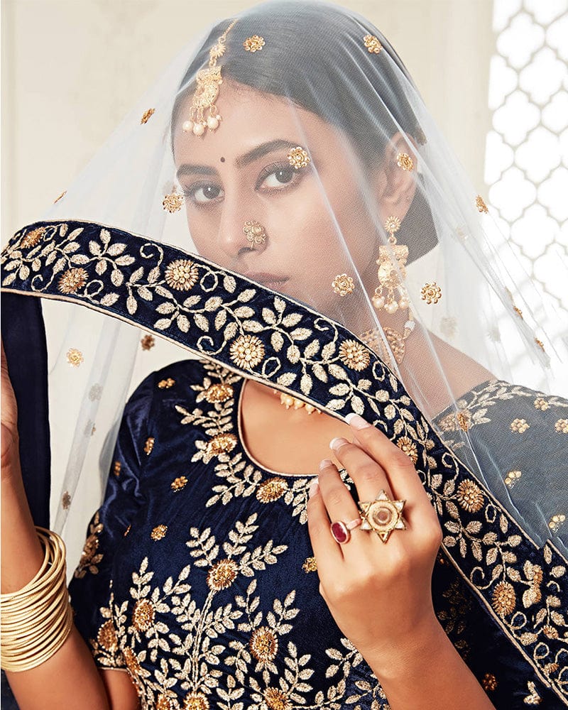 Navy Blue Color Pure Velvet Embroidered Lehenga Choli
