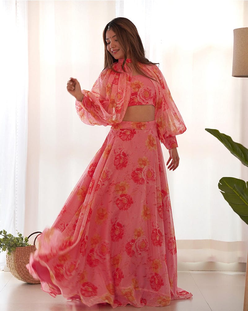 Baby Pink Color Pure Tabby Organza Printed Lehenga Choli
