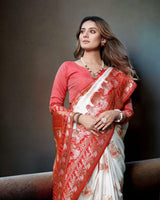 Red And White Banarasi Weaving Cluster Soft Silk Saree