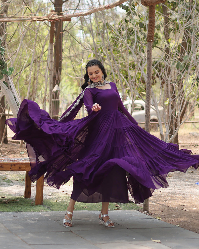 Purple Color Designer Embroidered Gown With Dupatta