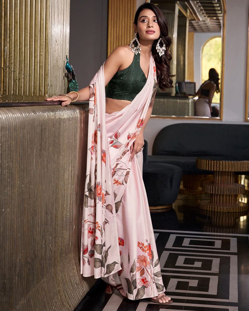 Off White Color Satin Silk Printed Saree