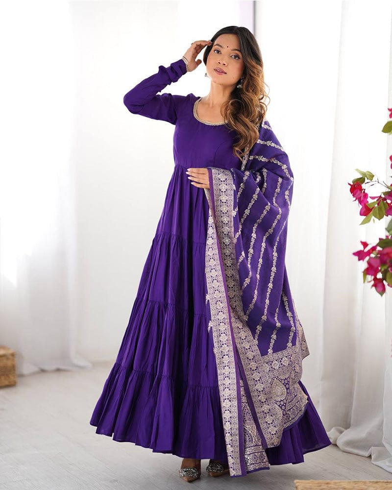 Purple Color Pure Roman Silk Ruffle Style Anarkali Suit